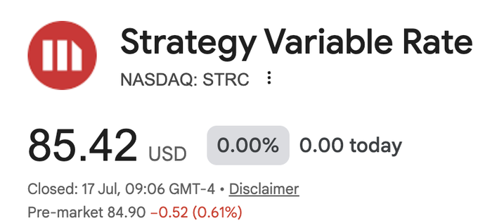 The image shows a Google Finance-style stock quote for Strategy Variable Rate (NASDAQ: STRC) trading at $85.42 USD, with a 0.00% change at close and pre-market trading at $84.90 (-0.52%). It visually supports the post's discussion about Strategy's push to return STRC to its $99–$100 par value, illustrating the current $85.42 price level that still falls short of the target range.
