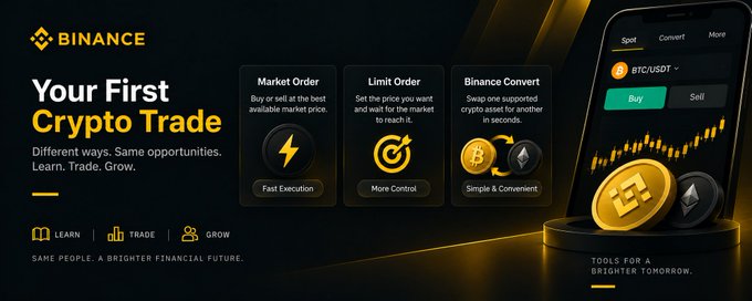 This Binance promotional banner advertises "Your First Crypto Trade" with three trading options: Market Order (buy/sell at the best available market price with Fast Execution), Limit Order (set a price and wait for the market to reach it with More Control), and Binance Convert (swap one supported crypto for another in seconds with Simple & Convenient). The image features a smartphone displaying the BTC/USDT trading pair alongside Bitcoin and Ethereum coins, illustrating the post's explanation that beginners can choose between different order types—like Market Orders, which prioritize quick execution at the current market price—when entering spot trading for the first time.