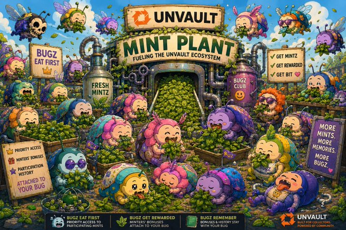 A vibrant promotional illustration for "UnVault" showcases colorful cartoon bugs surrounding a "Mint Plant" factory, emphasizing how Genesis Bugz participate in the UnVault ecosystem. Signs highlight key benefits including "Bugz Eat First" priority access, "Bugz Get Rewarded" minters' bonuses, and "Bugz Remember" with repeated calls to "Get Mint," "Get Rewarded," and "Get Bit" for more mints, memories, and bugz.