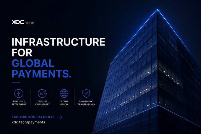 A promotional graphic for XDC Tech's "Infrastructure for Global Payments," featuring a modern glass skyscraper against a dark background alongside four feature icons highlighting real-time settlement, 24/7/365 availability, global reach, and end-to-end transparency, with a call-to-action to explore XDC Payments at xdc.tech/payments. The image visually reinforces the post's message of XDC rebuilding cross-border payments by presenting it as a sleek, enterprise-grade solution to outdated, slow banking infrastructure.