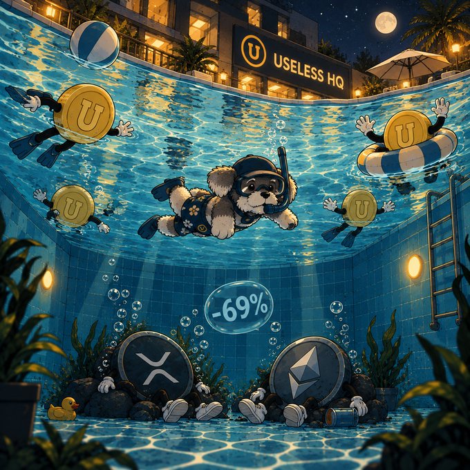A whimsical nighttime illustration of a puppy in scuba gear swimming underwater near a 'USELESS HQ' pool, with cartoon coin characters in floaties, a -69% bubble, and XRP and Ethereum logos embedded in the pool floor.