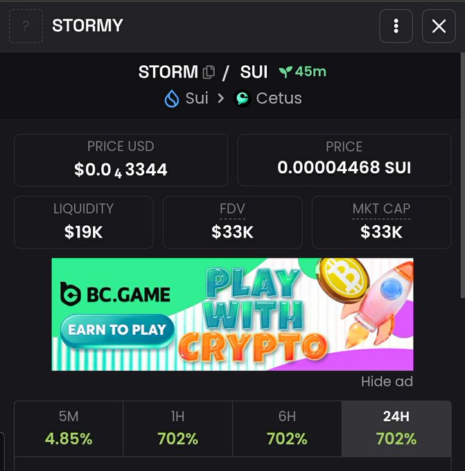 A cryptocurrency trading interface displays the token 'STORM' paired with SUI on the Sui/Cetus exchange, showing a price of $0.043344 USD, liquidity of $19K, FDV of $33K, and market cap of $33K, with price changes of 4.85% (5M) and 702% (1H/6H/24H).