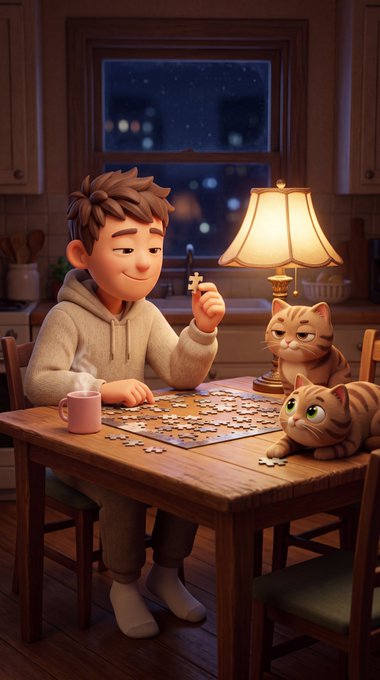 A 3D-style animated illustration of a smiling boy sitting at a wooden table working on a jigsaw puzzle, accompanied by two cats, with a warm lamp and a mug on the table and a window showing a night sky in the background.