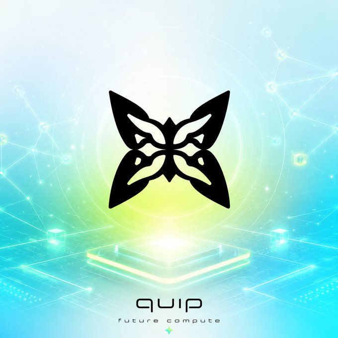 In the image, there's an abstract logo featuring a butterfly design rendered as a black square with lines that resemble wings and eyes. The butterfly is positioned in the center of a square frame. Surrounding this central shape are small cubes arranged around the edges of the frame. These cubes vary in size and color, creating a sense of depth within the image.

The background of the image features an abstract design reminiscent of a futuristic network infrastructure or a digital butterfly display. The combination of these elements highlights the theme of "quip" from the logo, which stands for "Quick", as well as the concept of "compute" represented by the butterfly symbol. This creates an intriguing visual representation connecting technology and nature.