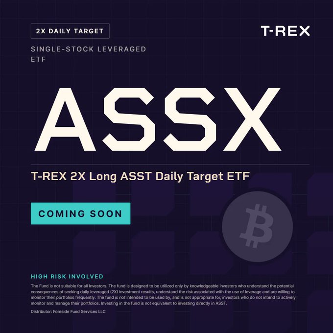 The image is a promotional graphic from T-REX announcing the upcoming "T-REX 2X Long ASST Daily Target ETF" (ticker ASSX), a single-stock leveraged ETF with a 2X daily target featuring a Bitcoin logo overlay. The graphic displays a "COMING SOON" banner and includes a high-risk disclosure noting the fund is not suitable for all investors, aligning with the post about REX Shares and Tuttle Capital listing the leveraged ASST fund on Cboe that aims to deliver 200% of Strive's daily share moves despite Strive's BTC holdings.