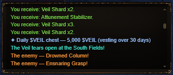 A game interface displays loot received, including 'Veil Shard x2' and 'Attunement Stabilizer,' along with text describing enemy attacks like 'Drowned Column' and 'Ensaring Grasp.'