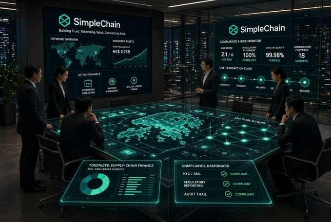 A futuristic corporate meeting room displays 'SimpleChain' branding on screens showing network overviews, tokenized assets (HK$ 8.76B), compliance metrics (100% regulatory compliant, 99.98% data integrity), and a holographic table with a world map and live transaction flow.