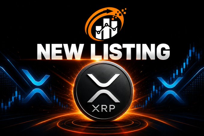 A new listing of XRP is announced for July 17th, featuring the XRP logo and an abstract graphic signifying growth.