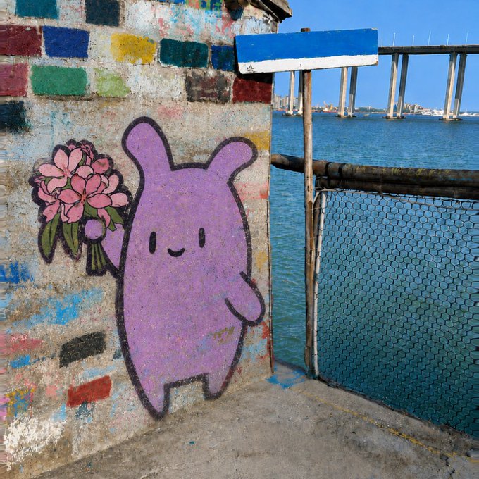 A cute purple character with a bouquet of flowers is drawn on a wall next to a body of water, perhaps a reminder of Hashoo's presence or a sighting by Hashoo.