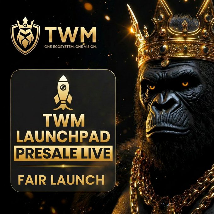 A promotional graphic for "TWM LAUNCHPAD PRESALE LIVE" featuring a crowned gorilla with a gold chain on the right side.