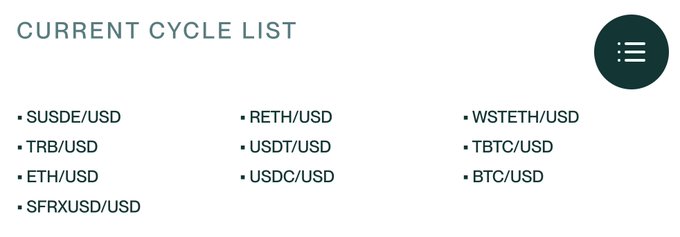 The image displays a "Current Cycle List" of crypto price pairs Tellor's network is reporting on, including SUSDE/USD, TRB/USD, ETH/USD, SFRXUSD/USD, RETH/USD, USDT/USD, USDC/USD, WSTETH/USD, TBTC/USD, and BTC/USD—illustrating the active queries the protocol maintains consensus on to ensure steady, incentivized data delivery.