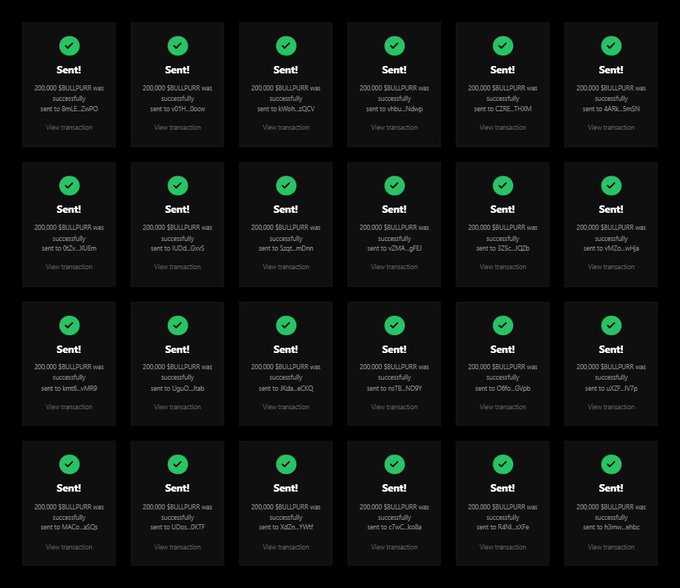 The image displays a grid of 24 identical "Sent!" confirmation screens, each showing a successful transaction of 200,000 $BULLPURR tokens sent to various Solana wallet addresses (ending in characters like 2whp, Gbc, ZvQ, vEo, etc.), supporting the post's claim about distributing a 200k $BULLPURR airdrop via Solana.