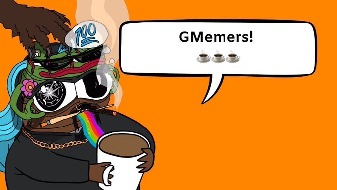 A cartoon frog character with dreadlocks, sunglasses, and a cap, smoking a cigar and holding coffee while saying 'GMemers!' in a speech bubble with coffee cup emojis.