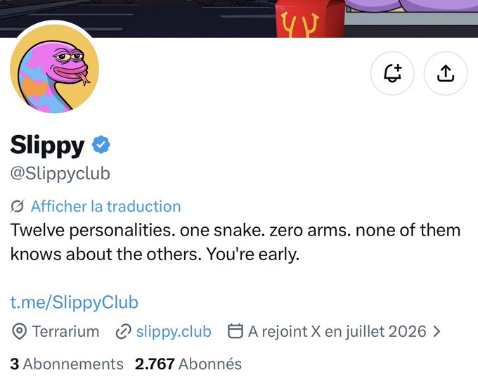 A Twitter/X profile screenshot for 'Slippy' (@Slippyclub), bio reading 'Twelve personalities. one snake. zero arms. none of them knows about the others. You're early.', showing 3 subscriptions and 2,767 followers.