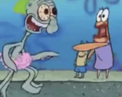 A cartoon scene featuring Squidward excitedly offering a pink bouquet to Mrs. Puff and her child on a sidewalk.