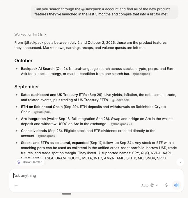 A ChatGPT conversation where the user is searching through the @Backpack X account and the AI compiled product features between July 2 and October 2, 2026, including Backpack AI Search, rates dashboard, ETH on Robinhood Chain, Arc integration, cash dividends, and stocks and ETFs as collateral.