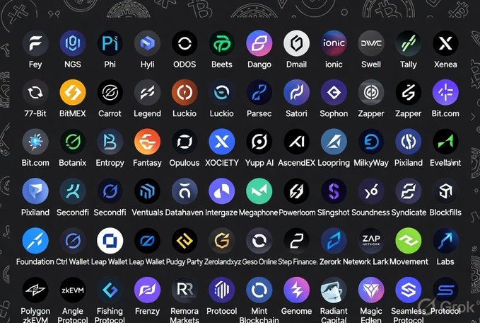 A grid of crypto project logos is displayed against a dark background, featuring names such as Fey, NGS, Phi, Hyli, ODOS, Beets, Dmail, and others listed in the post, suggesting a compilation of cryptocurrency projects that have shut down in 2026.