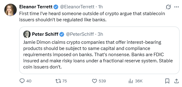 The image presents a screenshot of a post made by a woman named Elenor Terrett, which was made using Twitter. The post features text and images that discuss the idea of banks being subject to different rules depending on whether they are regulated or not. This is indicated in relation to the word "Peter Schiff," who seems to be discussing this topic with the tweeters.