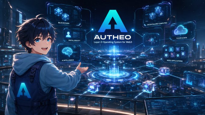 A futuristic promotional graphic featuring an anime boy pointing toward floating holographic panels displaying "AUTHEO Layer-0 Operating System for Web3" with categories like Blockchain, AI Intelligence, and Web3 Applications.