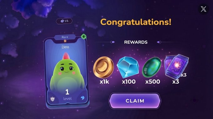A "Congratulations!" rewards screen from the Sleepagotchi app displays a Level 1 "Dino" character alongside prizes including 1k coins, 100 blue gems, 500 green gems, and 3 purple cards. The post celebrates catching these in-app rewards while also hinting at a personal milestone about career success after 3 months of hard work.