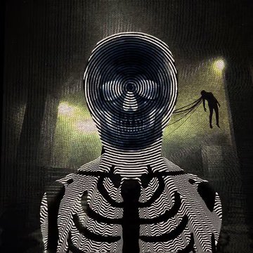 A black and white surreal illustration of a figure with a head and body covered in hypnotic concentric spirals, with a small human figure floating to the side and a cross-like symbol on the chest.