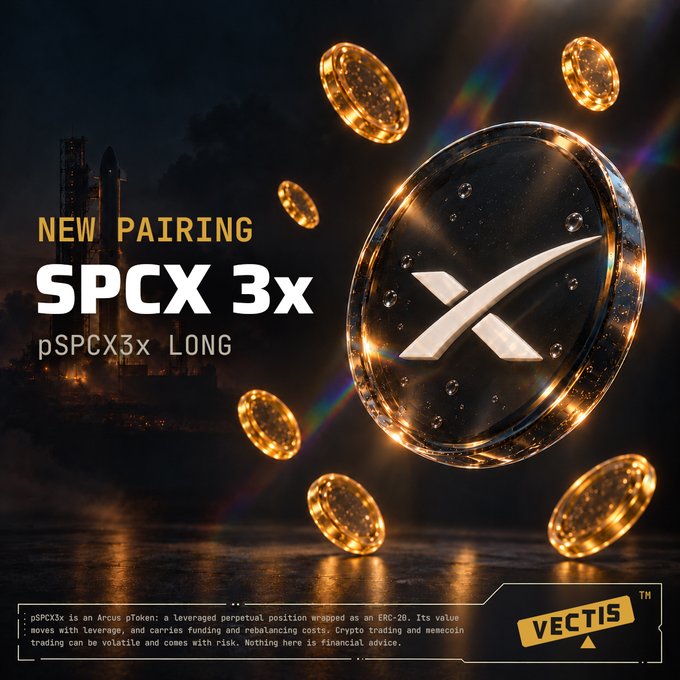 A promotional graphic for a new crypto token pairing "SPCX 3x" with ticker "pSPCX3x LONG" by Vectis, featuring golden coins and an X logo against a space launch backdrop, with disclaimer text at the bottom.
