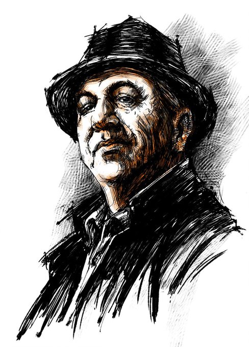 A sketched portrait illustration of an elderly man wearing a dark fedora hat and a high-collared coat, drawn in black and brown ink with cross-hatching shading.