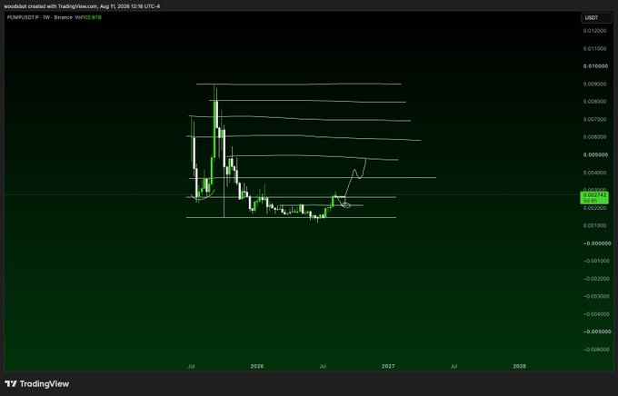 A TradingView chart of PUMPUSDT on Binance shows the price spiked to roughly $0.0088 in mid-2025 before crashing to around $0.00278, with horizontal resistance levels marked between $0.005–$0.011 and a hand-drawn arrow pointing to a potential future moonshot—reflecting the poster's optimistic "$PUMP" dream of the meme coin rallying again.