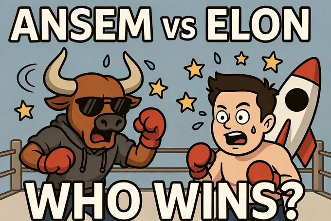 A cartoon-style meme titled 'ANSEM vs ELON - WHO WINS?' depicting a bull wearing sunglasses in boxing gloves facing off against Elon Musk in a boxing ring.