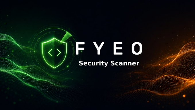 A promotional banner for 'FYEO Security Scanner' featuring a green shield logo with code brackets symbol against a dark background with green and orange wave patterns.