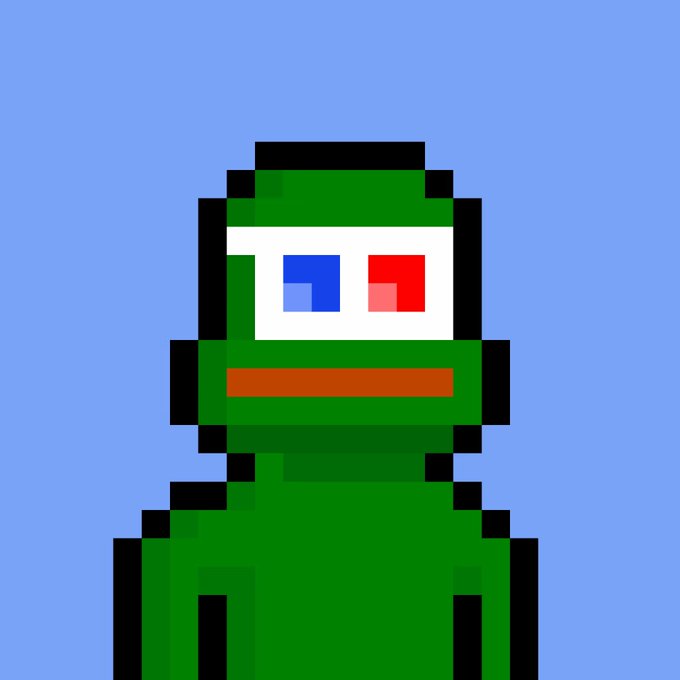 A pixel art illustration of a green character with a blocky face, one blue eye and one red eye, and a brown mouth, set against a light blue background.