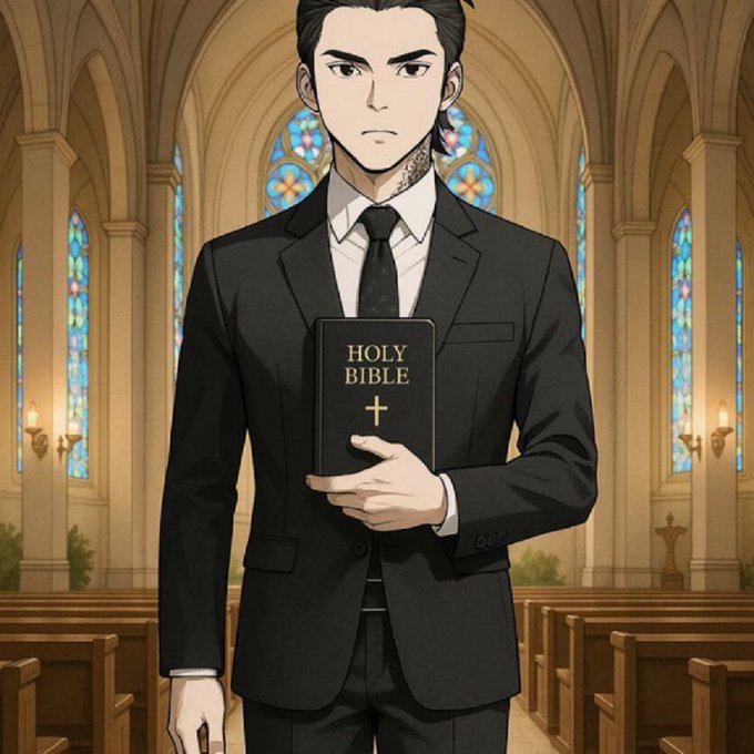 The image features an anime character dressed in a suit, holding a Bible with both hands while standing inside a church. The character appears to be a businessman or a man of importance, as he holds the Bible in his hands. The background shows a church interior with stained glass windows and pews arranged for the congregation.