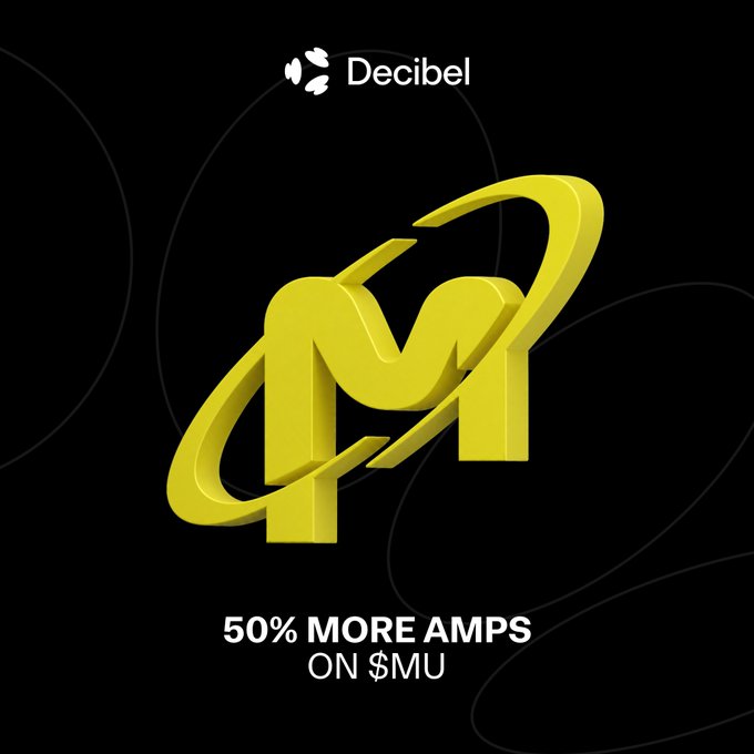 The image features a large, stylized yellow 3D logo for "Decibel" set against a black background, with the tagline "50% MORE AMPS ON $MU" displayed below. The post relates to the image by promoting an enhanced rewards offer—50% more AMPs on $MU (Micron) perpetual trades through Oct 1—tying into Decibel's on-chain perpetual exchange platform.