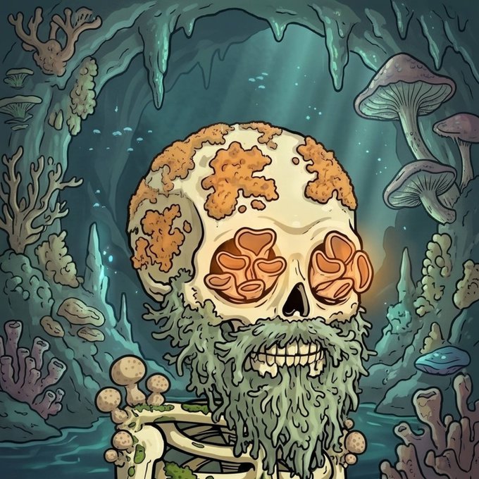 iced skull with a beard and goatee, surrounded by mushrooms and coral reefs, set against a dark blue background.