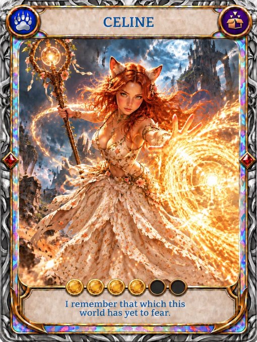 A fantasy trading card titled "CELINE" featuring a red-haired cat-eared woman wielding a glowing staff and casting a fiery spell, with the quote "I remember that which this world has yet to fear."