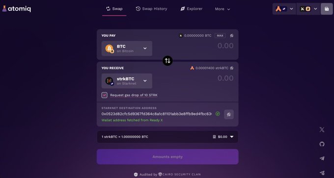 The Atomiq Swap interface showing a token swap from BTC (on Bitcoin) to strkBTC (on Starknet), with a Starknet destination address starting with 0x0523d82cfc5d9367fd364c8a3c811011abb3e8ffb9ed4fbc63 displayed.