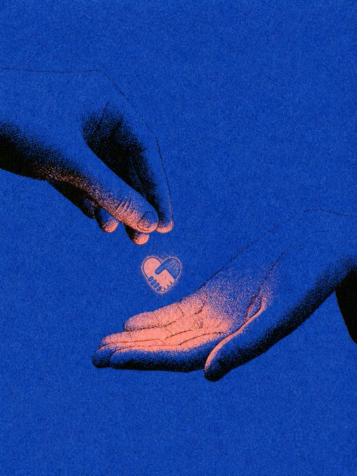 An artistic illustration on a deep blue background showing two hands reaching toward each other, with one hand gently releasing a glowing broken heart.