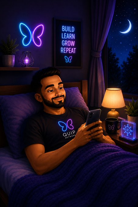 A stylized digital illustration of a smiling bearded man in bed using a smartphone, wearing a 'QUIP' branded shirt, with glowing neon butterfly decorations and a 'BUILD LEARN GROW REPEAT' sign on the wall.