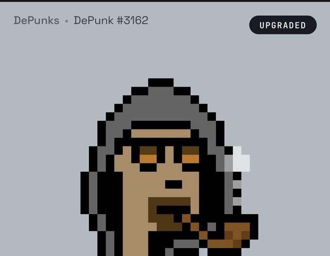 A pixel art NFT portrait of a hooded character smoking, labeled 'DePunks • DePunk #3162' with an 'UPGRADED' badge.