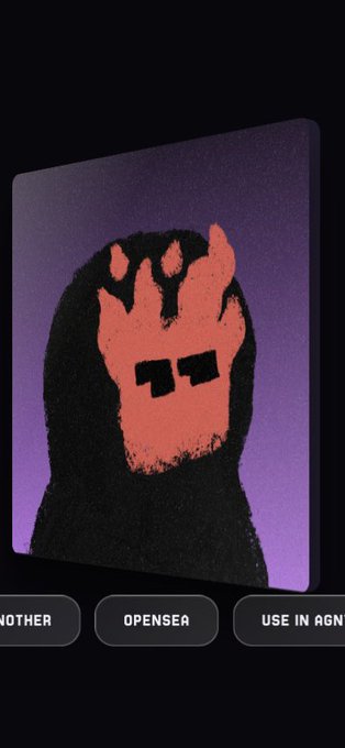A digital artwork displayed on a card features a hooded figure wearing a red mask with horns against a purple starry background, with buttons below reading "OPENSEA" and "USE IN AGNT," representing the NFT minted through AGNTSOCIAL and Faction Tribe.