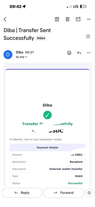 Mobile email screenshot from 'Diba' showing 'Transfer Sent Successfully' with payment details including 'External wallet transfer' and 'Successful' status.