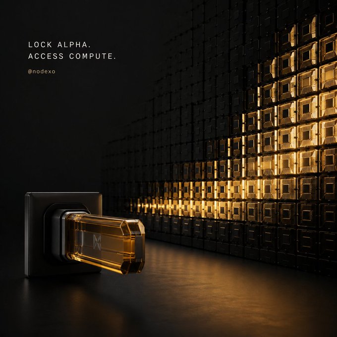 A glowing amber key emerges from a dark wall of circuit-like tiles, illustrating how staked Alpha unlocks access to compute power on the Subnet, with the branding "LOCK ALPHA. ACCESS COMPUTE." and "@nodexo" displayed alongside.