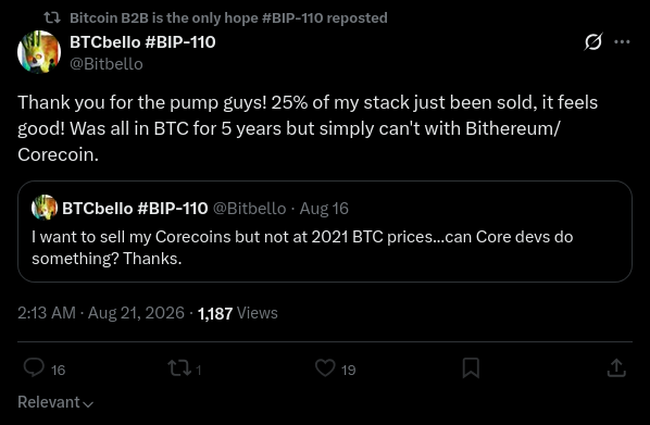 A screenshot of an X (Twitter) post by @Bitbello thanking followers for a pump, noting "25% of my stack just been sold" and mentioning Bitcoin and Corecoin.