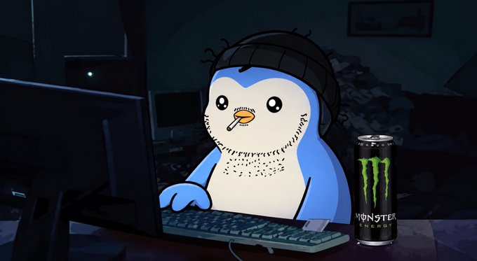 An animated penguin wearing a beanie smokes a cigarette while typing on a keyboard next to a can of Monster Energy in a dark room.