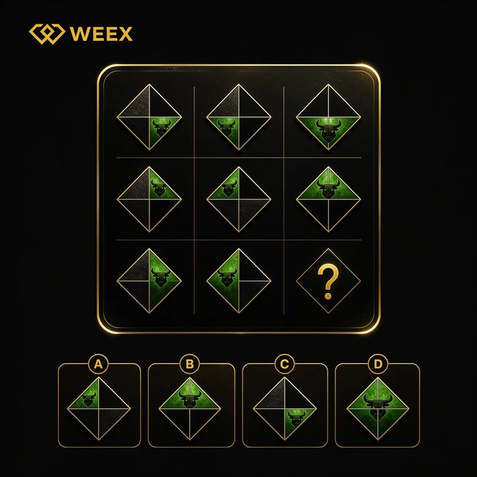 A WEEX Quiz promotional image featuring a 3x3 grid puzzle where each diamond contains a bull head image with varying portions filled in green, and the bottom-right diamond displays a question mark to be solved. Below the puzzle are four multiple-choice answers (A, B, C, D) showing different configurations of the bull diamond pattern, inviting participants to comment their answer for a chance to win 50 USDT in round 15 of the giveaway.