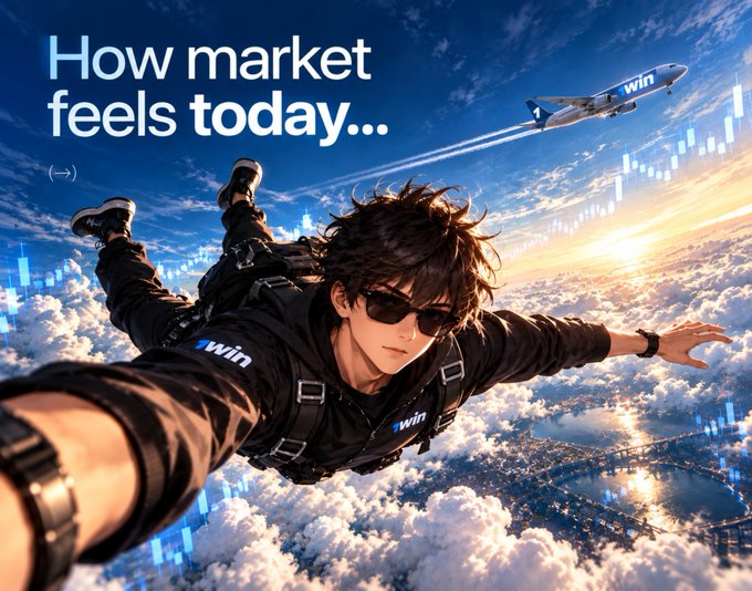 Motivational graphic with anime-style character skydiving with text reading "How market feels today..." alongside a small airplane and financial chart elements.