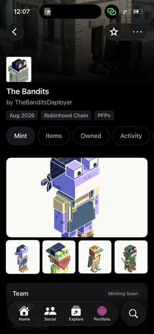 The image shows a mobile app listing for "The Bandits" NFT collection by TheBanditsDeployer on the Robinhood Chain, featuring pixel-art character items with "Minting Soon" status and tags indicating "Free" and "PFPs." This relates to the post as it appears to highlight one of the two mints being watched, showcasing the free mint option of this pixel-art PFP collection.