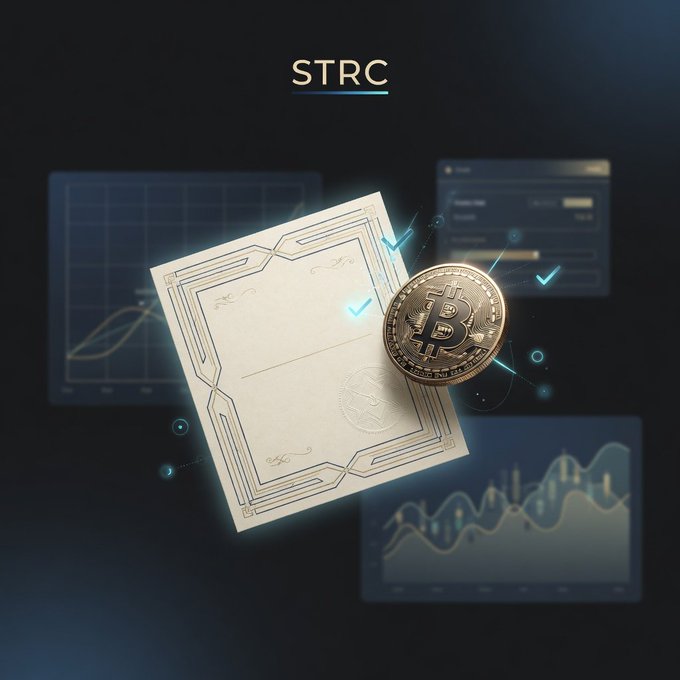 A promotional graphic for 'STRC' featuring a golden Bitcoin coin and certificate/document design with checkmarks, set against a dark background with trading chart panels.