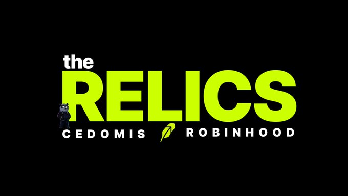 The image displays a bold logo for "the RELICS" in bright neon green and white text on a black background, featuring a small Batman figurine on the left and a feather icon separating the names "CEDOMIS" and "ROBINHOOD" below. This visual aligns with the post announcing the launch of the Cedomis Relics Collection built on the Robinhood Chain, highlighting the branding of this new NFT collection that offers $CEDO rewards and community benefits.