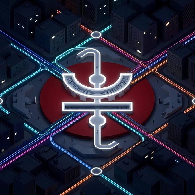 An isometric digital illustration showing a glowing power button symbol at the center of a dark city, intersected by neon blue, pink, and orange light trails forming an X pattern.